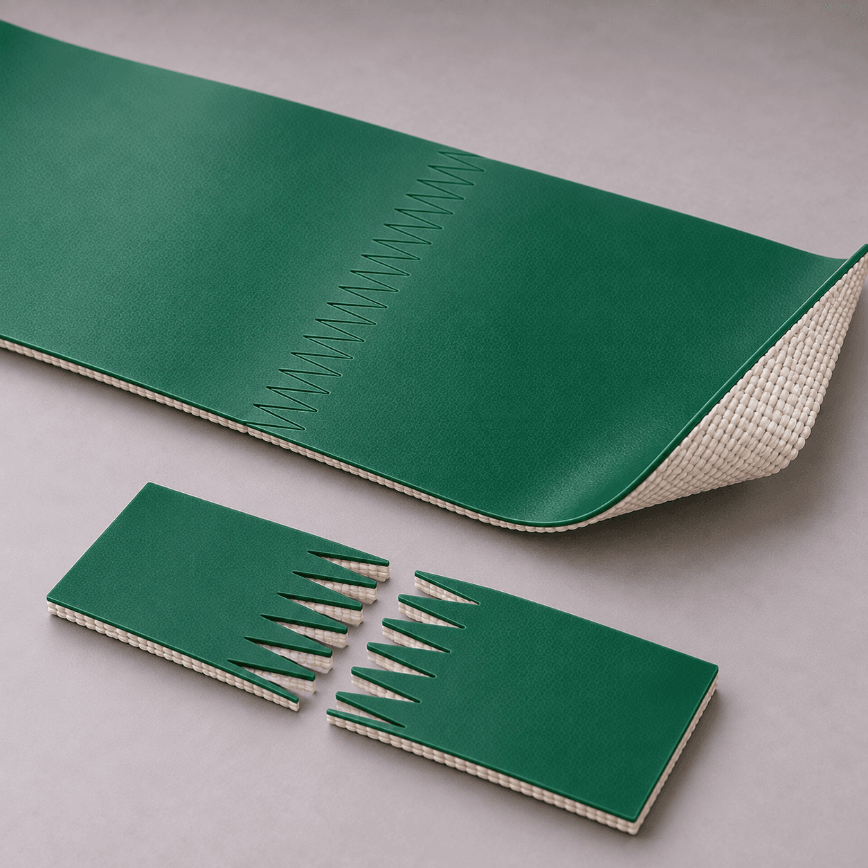 Generated illustration of green PVC conveyor belt finger splice and interlocking cut sample