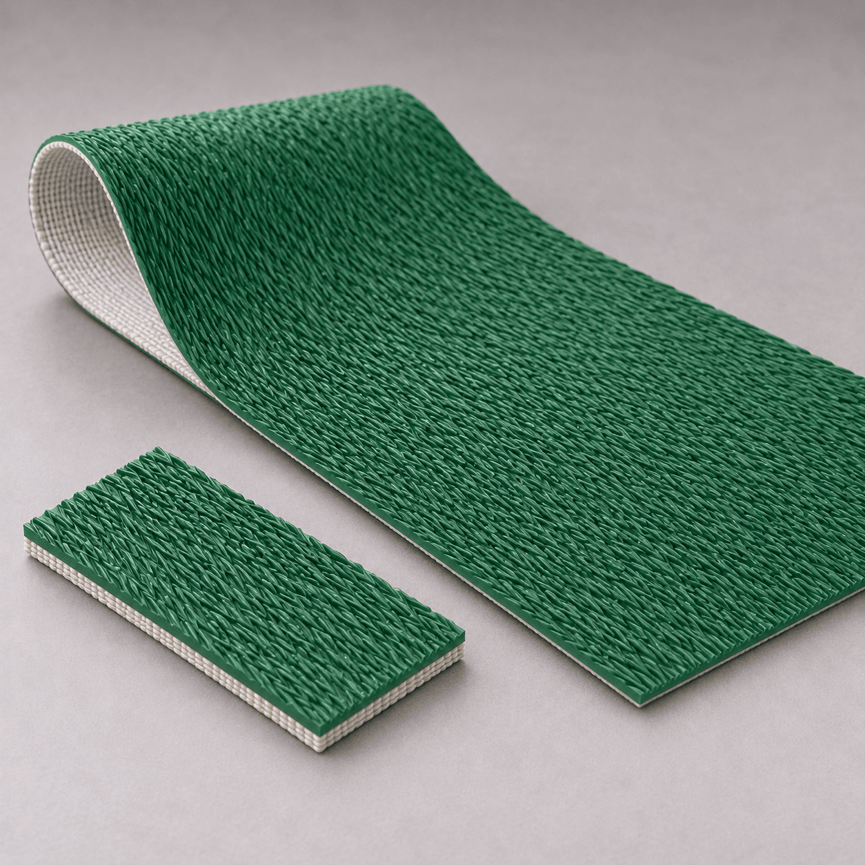 Generated illustration of green PVC conveyor belt with directional grass pattern texture