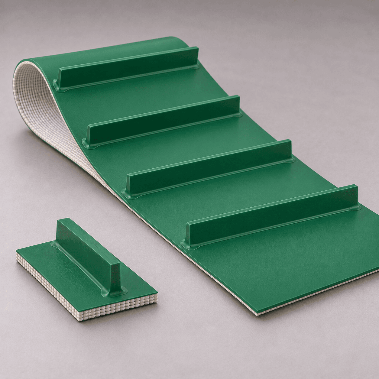 Generated illustration of green PVC conveyor belt with transverse cleats and welded bases