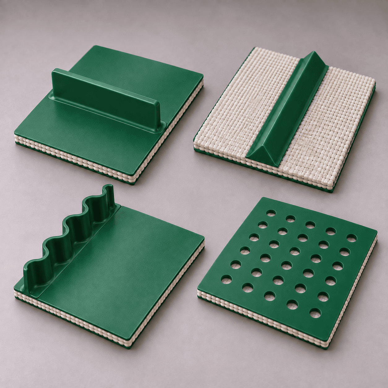 Generated illustration of conveyor belt accessories with cleat, V-guide, sidewall and perforations