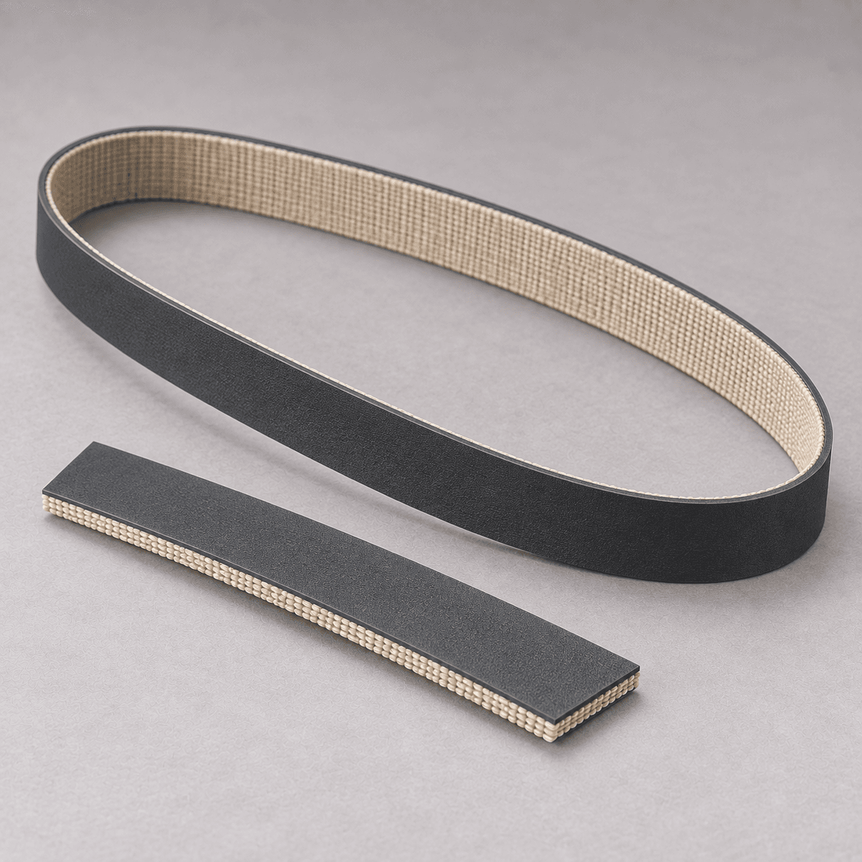 Generated illustration of narrow flat process belt with textile underside and layered sample