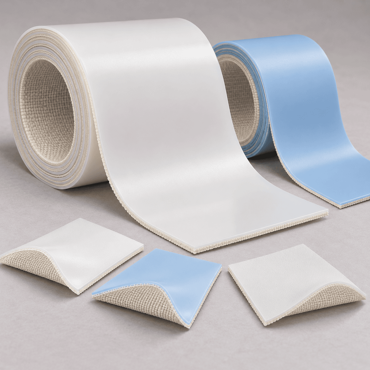 Generated illustration of white and light blue PU TPU conveyor belt rolls and samples