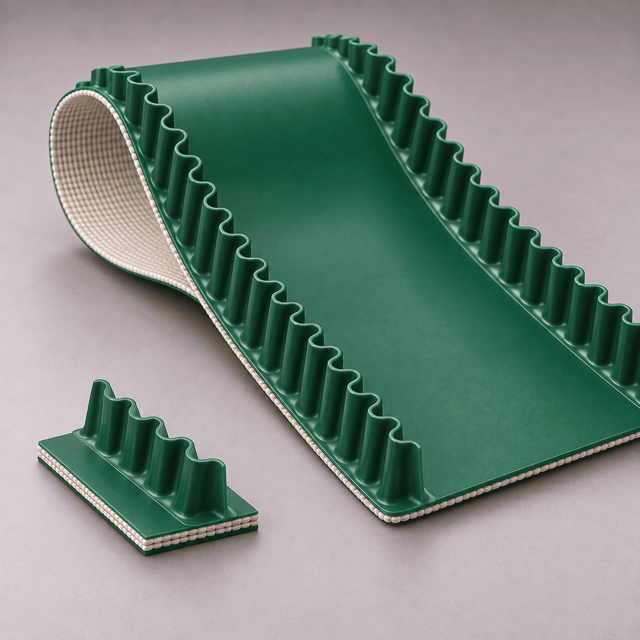 Generated illustration of green PVC conveyor belt with corrugated sidewalls along both edges